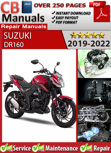 Suzuki DR160 2019–2022 factory repair manual PDF download – Includes detailed EFI diagnostics, maintenance, and service procedures for all DR160 models between 2019 and 2022.